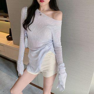 Plain Long-sleeve Top 9826 - Light Blue - One Size