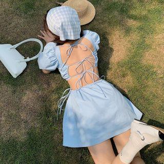 Puff-sleeve Plain Open-back A-line Dress
