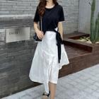Short-sleeve Tie-waist T-shirt / Irregular A-line Midi Skirt / Set