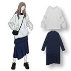 Mock-neck Long-sleeve Midi Dress / Frilled Trim Pullover