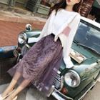 Two-tone Ruffle Sweater / Mesh Overlay Midi Velvet Skirt / Set