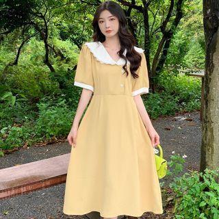 Puff-sleeve Asymmetrical Lace Trim Midi A-line Dress