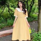 Puff-sleeve Asymmetrical Lace Trim Midi A-line Dress