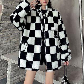Checkerboard Fluffy Zip Jacket
