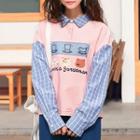 Mock Two-piece Long-sleeve Plaid Panel Cartoon Top
