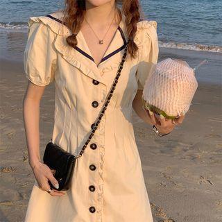 Puff-sleeve Sailor Collar Ruffled A-line Dress Beige - One Size