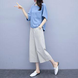 Set: Elbow-sleeve Linen Top + Wide-leg Pants