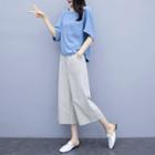 Set: Elbow-sleeve Linen Top + Wide-leg Pants