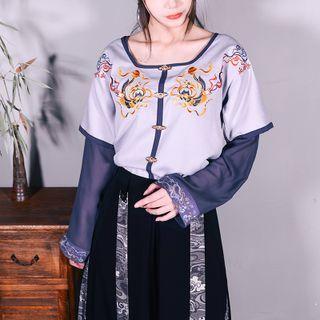 Set: Short-sleeve Embroidered Button-up Top + Long-sleeve Top