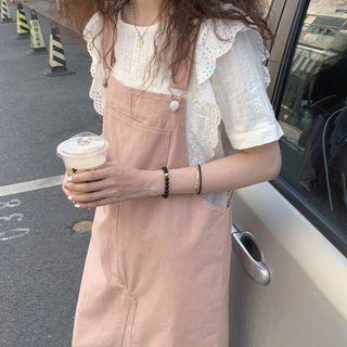 Set: Short-sleeve Eyelet Trim Top + Midi Overall Dress