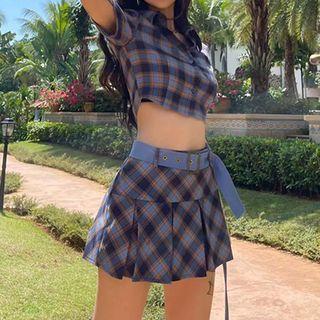 Short-sleeve Crop Plaid Shirt / A-line Skirt