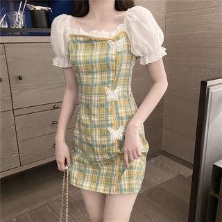 Butterfly Applique Plaid Sheath Dress