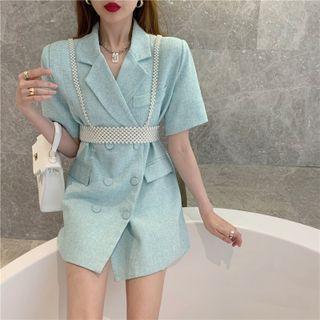 Elbow-sleeve Double-breasted Blazer / Faux Pearl Camisole Top