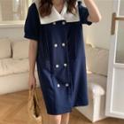 Short-sleeve Double-breasted Collared Dress Dark Blue - One Size