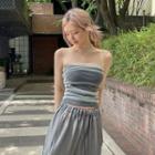Tulle-overlay Tube Top Gray - One Size