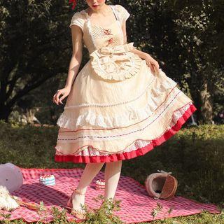 Short-sleeve Lace Trim Bow Accent Midi A-line Dress