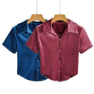 Short-sleeve Button-up Velvet Top