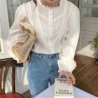 Long-sleeve Lace Trim Button-up Blouse White - One Size