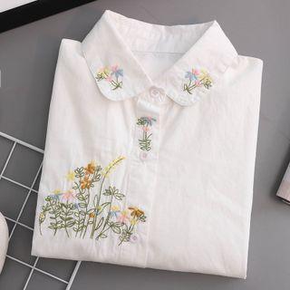 Long Sleeve Floral Embroidered Shirt White - One Size