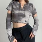 Long-sleeve Lace-up Neck Tie-dye Cropped T-shirt