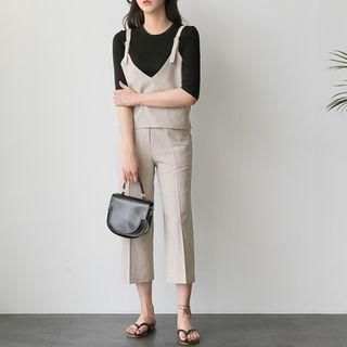 Set: Belted-detail Linen Top + Flat-front Pants
