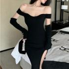 Off-shoulder Slit Knit Midi Sheath Dress Black - One Size
