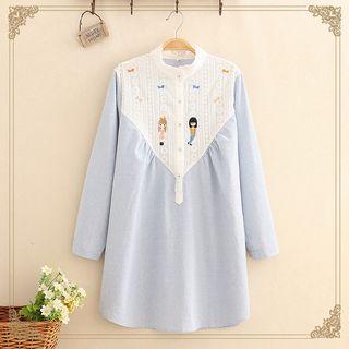 Cartoon Embroidered Paneled Striped Shirt As Shown In Figure - One Size