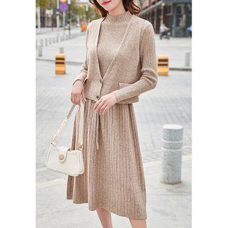 Set: Long-sleeve Knit Midi A-line Dress + Button-up Sweater Vest