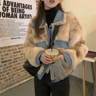 Contrast Collar Fluffy Jacket Jacket - Blue & Khaki - One Size