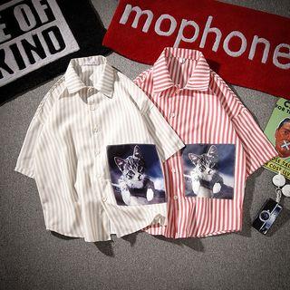 Cat Print Pinstriped Short-sleeve Shirt