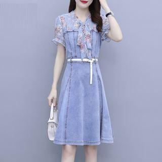 Short-sleeve Floral Tie-neck Denim A-line Dress