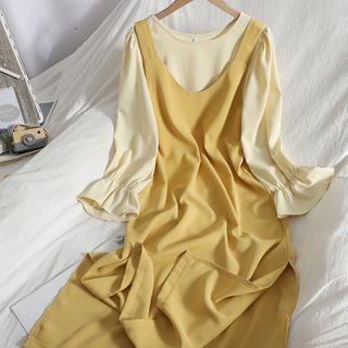 Set: Bell-sleeve Top + Midi Overall Dress