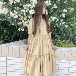 Short-sleeve Midi Crinkled Dress Khaki - One Size