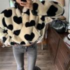 Fleece Stand-collar Heart Pattern Cropped Sweatshirt Black & Almond - One Size