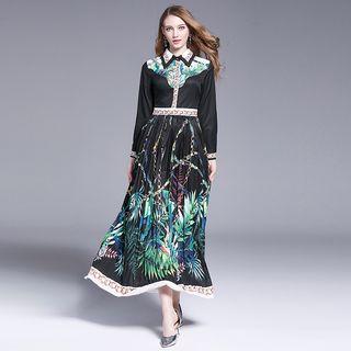 Long-sleeve Printed A-line Maxi Pleated Dress