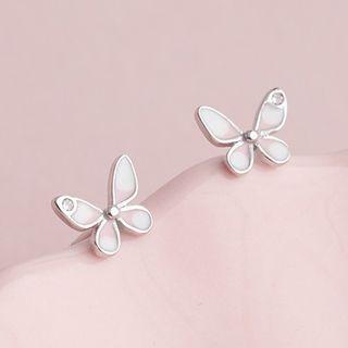 925 Sterling Silver Glaze Butterfly Earring 1 Pair - S925 Silver - Pink & White - One Size