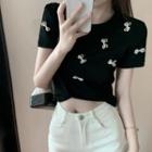 Short-sleeve Faux Pearl Bow T-shirt