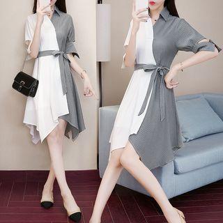 Cutout Elbow-sleeve Pinstripe Panel Shirtdress