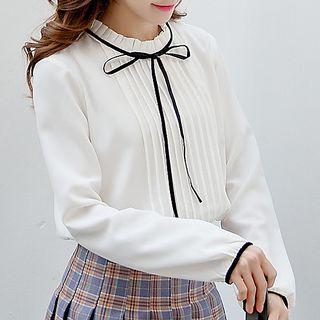 Bow Frill Trim Pintuck Chiffon Top