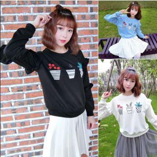 Plant Print Frill Trim Pullover