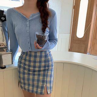 Long-sleeve Button-up Knit Top / Plaid Mini Fitted Skirt