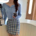 Long-sleeve Button-up Knit Top / Plaid Mini Fitted Skirt