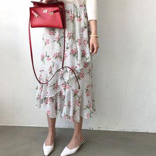 Dot Floral Pattern Tier-ruffled Long Skirt