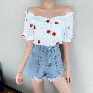 Strawberry Embroidered Off-shoulder Blouse As Shown In Figure - One Size