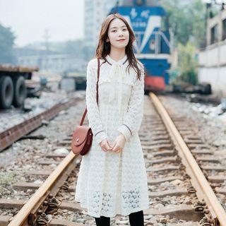 Long-sleeve Tie-neck Midi Lace Dress Almond - One Size