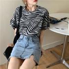 Zebra Printed Short-sleeve Top / High-waist Side-slit Denim Mini Skirt