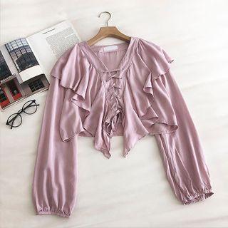 Plain V-neck Lace-up Ruffled-trim Long-sleeve Blouse