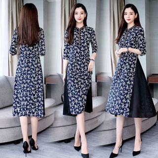 3/4-sleeve Floral Print Panel Chiffon Dress