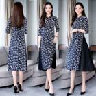 3/4-sleeve Floral Print Panel Chiffon Dress