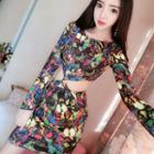 Cut Out Printed Long-sleeve Bodycon Dress